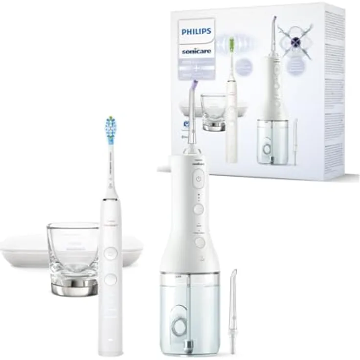 PHILIPS Sonicare Power Flosser Munddusche und DiamondClean 9000 elektrische Zahnbürste – Plaque-Entfernung, Weiß (Modell HX3886/41)