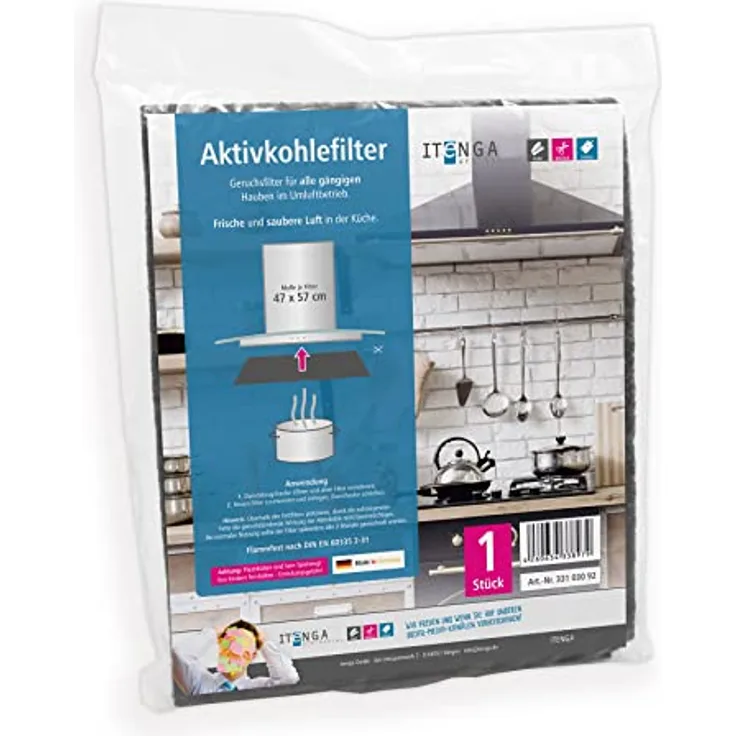 itenga Universal Filter Kohlefilter Aktivkohle und Fettfilter 47x57cm, umweltfreundlich und kompostierbar - für Dunstabzugshaube (Aktivkohlefilter)