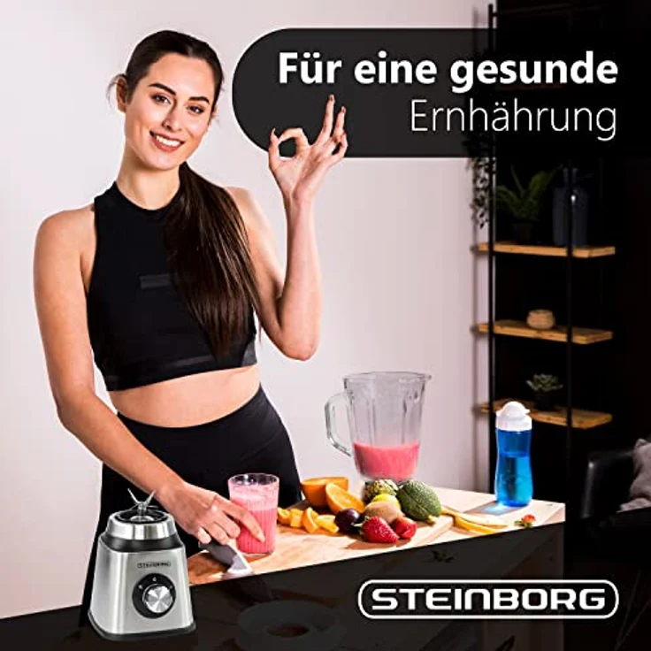 Steinborg SB-7010 Standmixer, 600W, 1,5L Glaskrug, 2 Geschwindigkeitsstufen, Puls-Funktion, 6-Fach Stahlmesser, silber – Bild 3