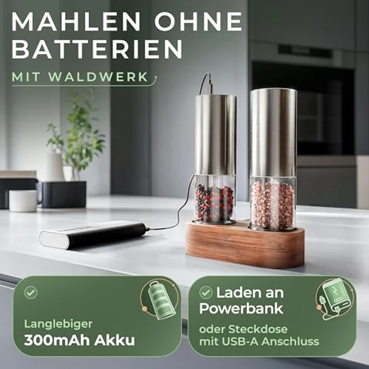 Waldwerk Elektrische Salz-/Pfeffermühle 2er Set mit Akazienholzhalterung, 300 mAh Akku, präzises Keramikmahlwerk, kabellos – Bild 6