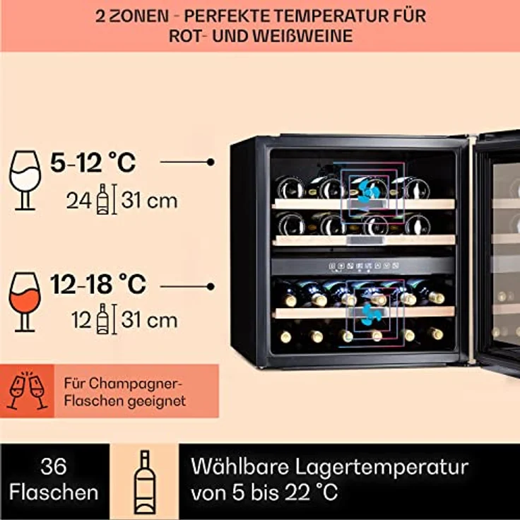 Klarstein Vinsider 36 Onyx Edition Weinkühlschrank, Einbau, Onys, 36 Flaschen, 2 Kühlzonen, 5 - 22 °C, Energieklasse G – Bild 3