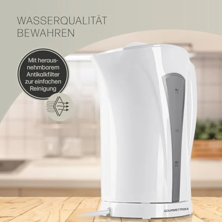GOURMETmaxx Wasserkocher 1,7 l | Schlichtes Design, kabellose Flexibilität & automatische Abschaltung | Wasserstandsanzeige | Leicht zu reinigender Kalkfilter | Perfekt für Tee [Weiß-Grau] – Bild 4