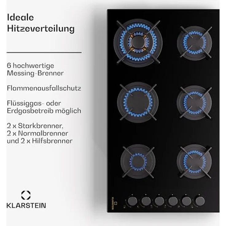 Klarstein Gas-Kochfeld CP11-Goldfl-6BK-S.C, Einbau-Gaskocher 6 Zonen Glaskeramik - Edelstahl-Gaskocher, Snapjet-Brenner, LPG Gas Herd, 12200 Watt - Goldflame – Bild 2