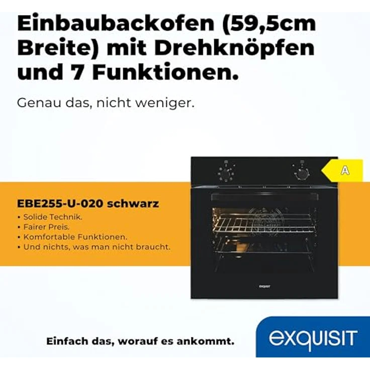 Exquisit Einbaubackofen EBE255-U-020 Schwarz | 59,0 l Garraum | Umluft | Energieeffizienzklasse A – Bild 2