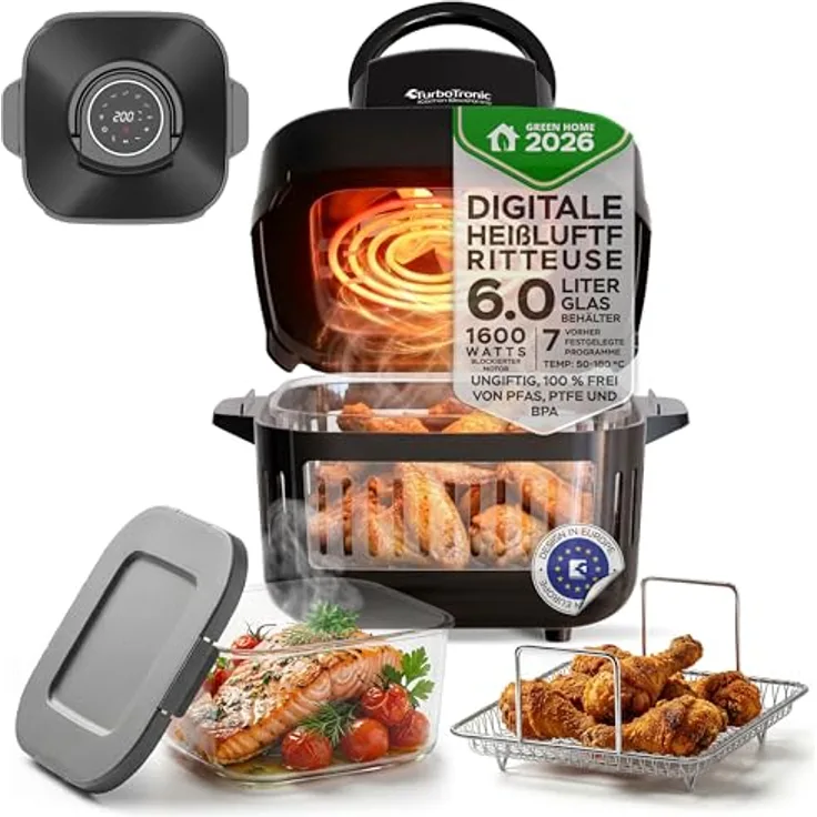 TurboTronic TT-AFG6 Heißluftfritteuse 6 L, 1600 W, digitale Steuerung, 7 Programme, Touch-Display, BPA-frei, schwarz