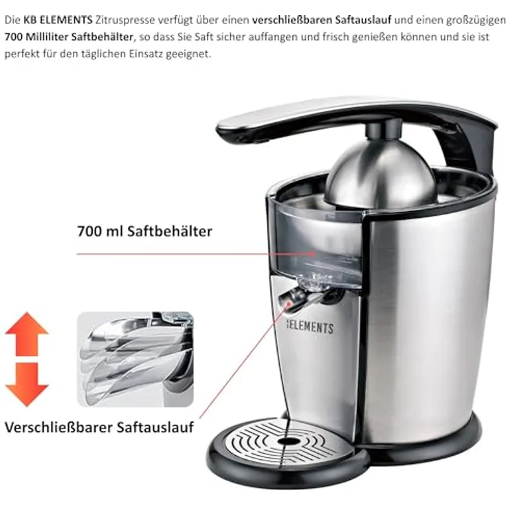 KB ELEMENTS elektrische Saftpresse, Zitruspresse mit 300W Vollkupfer-Motor, Edelstahl, 2 Kegel, 700ml Saftbehälter, integrierter Handhebel, Tropfstop – Bild 4