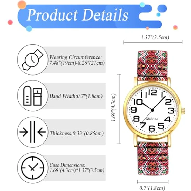 JewelryWe Boho Elastische Armbanduhr, Analog Quarz Uhr mit großen Zahlen, Edelstahl Stretcharmband im bunten Ethno-Stil, 1ATM Wasserschutz – Bild 5