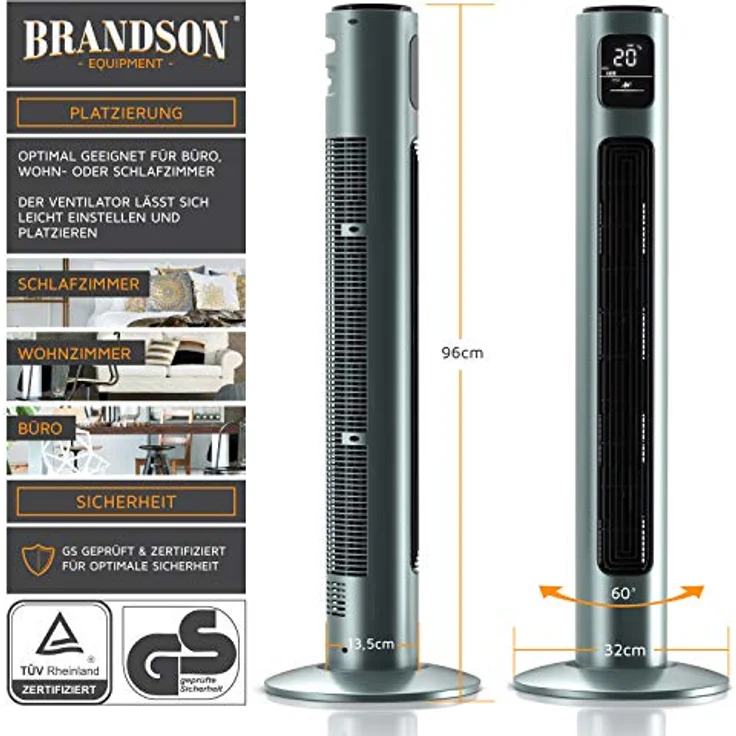 Brandson Turmventilator mit Fernbedienung und Oszilation 60° - Standventilator - Säulenventilator - 96 cm - Ventilator mit 3 Geschwindigkeitsstufen - Modell 2020 GS Zertifiziert - silbermint – Bild 4