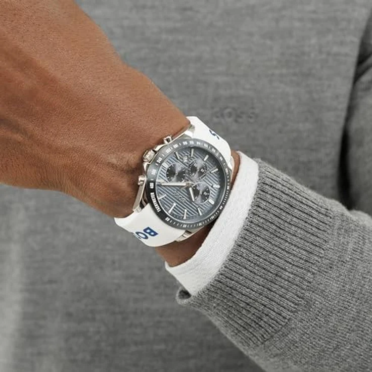 BOSS Strike Chrono, Chronograph Quarz Uhr für Herren mit weißen Silikonarmband, 41mm Edelstahlgehäuse, blaue Zifferblatt mit Datumsanzeige – Bild 4
