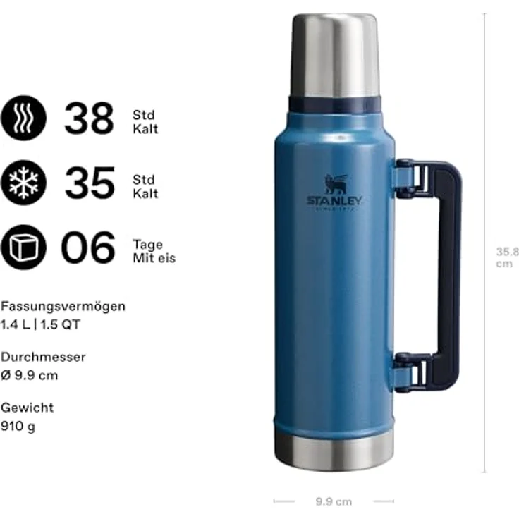 Stanley 1913 Classic Legendary Thermoskanne 1,4 L, Edelstahl, hält 40 Stunden heiß oder kalt, BPA-frei, Hammertone Lake, spülmaschinenfest – Bild 2