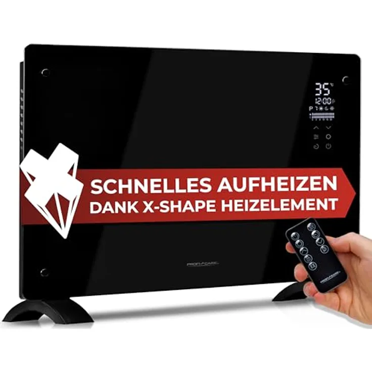 ProfiCare® Elektroheizung mit Glasfront & X-Shape Heizelement | mobiler Heizkörper auch für Wandmontage geeignet | Konvektor Heizung mit 2 Heizstufen | lautloses Heizen - 0dB | PC-GKH 3119 schwarz