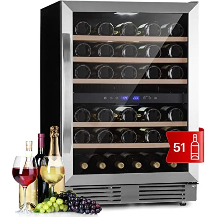 Klarstein Vinovilla 50 Duo, Zweizonen-Weinkühlschrank mit 53l für 17 Flaschen, 3-Farben Glastür und Buchenholzregalen – Bild 1
