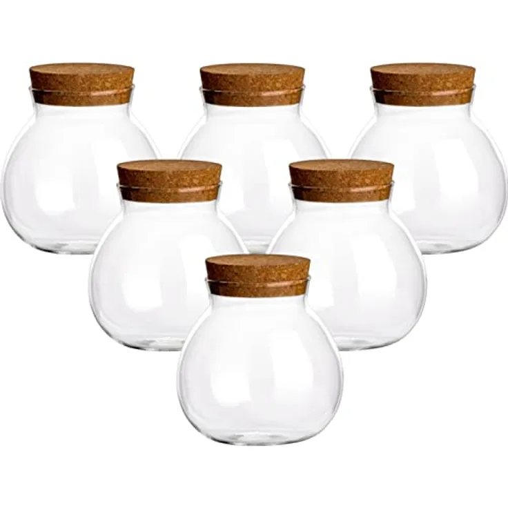 gouveo 6er Set Vorratsglas 600 ml "Kugel", rundes Borosilikatglas mit Korkverschluss, luftdicht und dekorativ