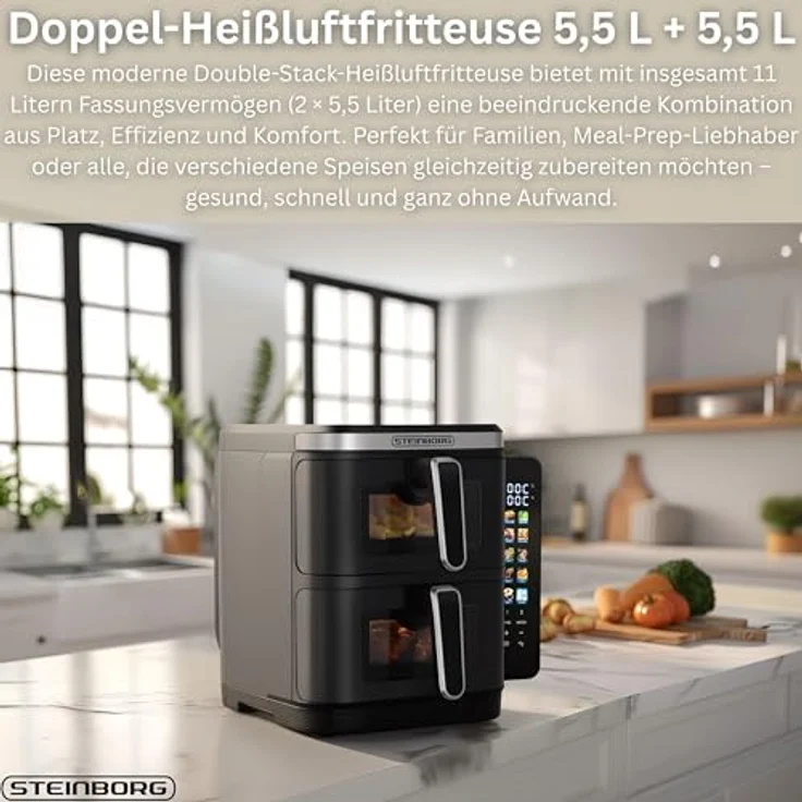 Steinborg® Heissluftfritteuse Doppelkammer 11 Liter, 2 Frittierkammern à 5,5L, 360° Fry Force Technologie, 8 One-Touch-Programme, platzsparendes Design – Bild 3