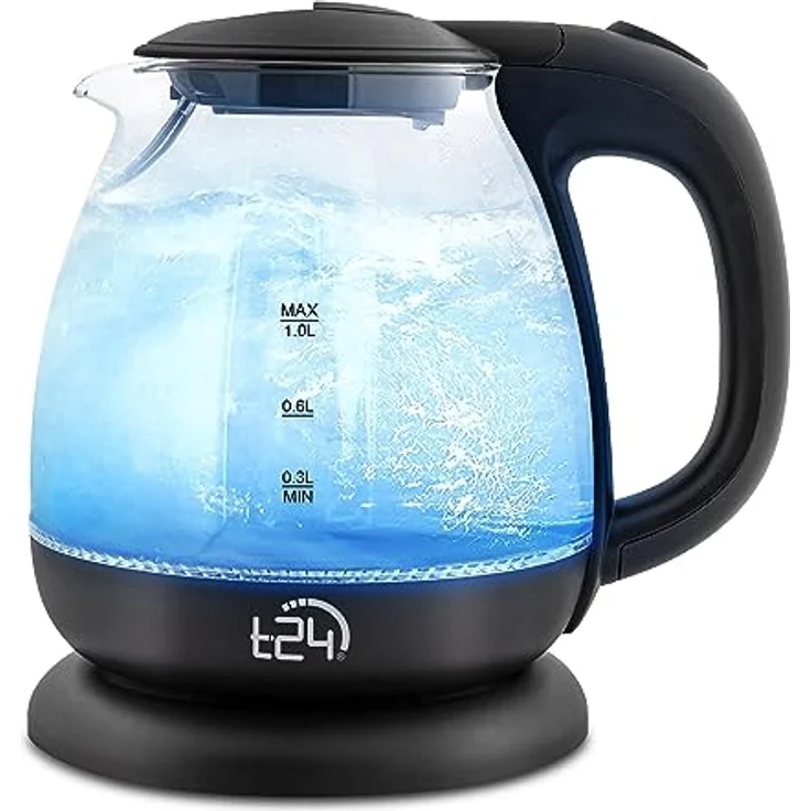 T24 Borosilikatglas Wasserkocher mit LED, 1100 Watt, 1 Liter, 360°-Basis, Glas, Edelstahl schwarz – Bild 2