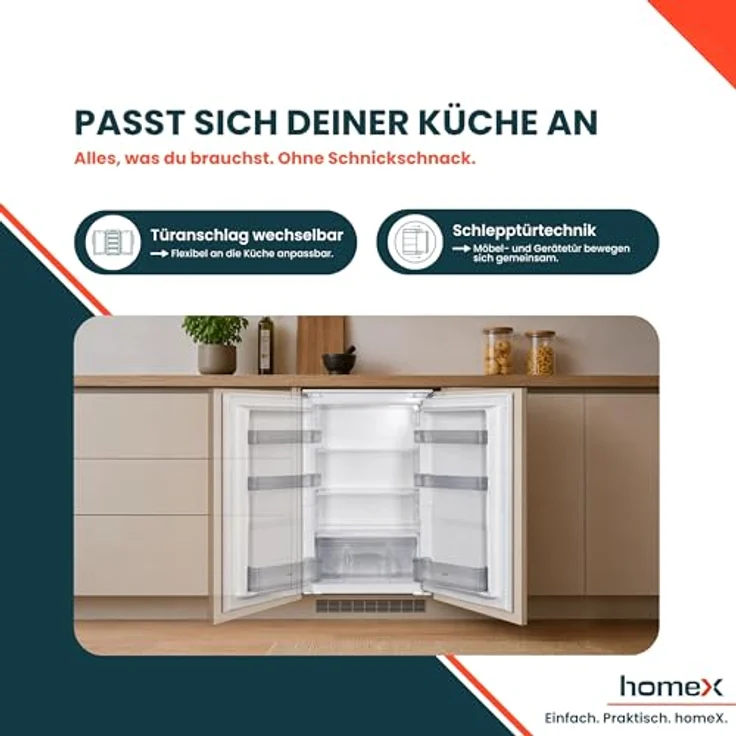 homeX CB1291E, Einbaukühlschrank ohne Gefrierfach für 88 cm Nische, 129 Liter, LED-Beleuchtung, 37 dB, Schlepptürtechnik – Bild 7