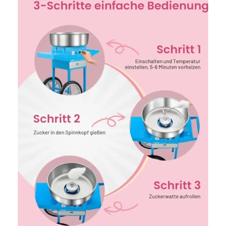 VEVOR elektrische Zuckerwattemaschine, kommerzielles Gerät mit 1000 W, 52 cm Edelstahlschüssel, Wagen, Zuckerschaufel & Schublade, blau – Bild 3