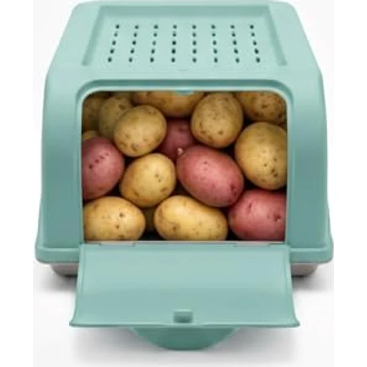 HAC24 2er Set Gemüsebox 3,5L mit Deckel, lichtgeschützt und belüftet für Kartoffel, Zwiebel und Knoblauch, Weiß/Grau und Türkis/Grau – Bild 6
