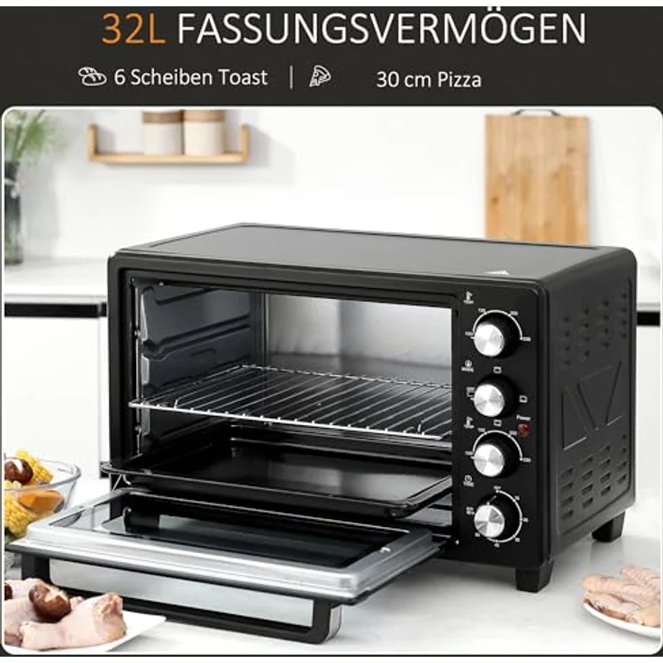 HOMCOM Mini Backofen 32L Mini Ofen mit Grillrost, Backblech, 3 Kochmodi 100 °C-230 °C einstellbare Temperatur Pizzaofen mit Timer Edelstahl Schwarz – Bild 3