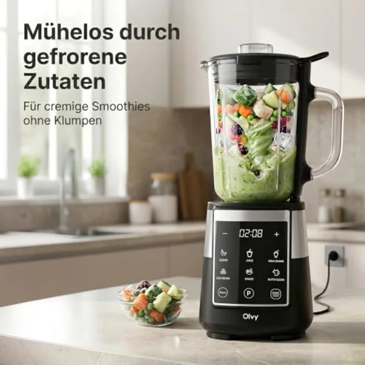 Olvy Standmixer Smoothie Maker, 1.5L Glasbehälter mit 6-Klingen-System und LED-Timer, inklusive To-Go Flasche – Bild 4