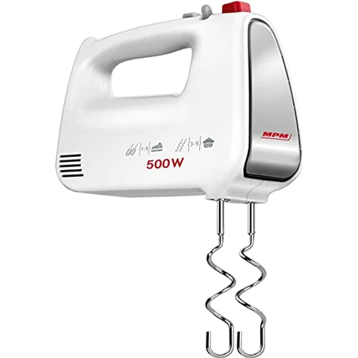 MPM MMR-19 Handrührer, 500W Handmixer mit 5 Geschwindigkeitsstufen + Turbo, Edelstahl-Knethaken und -Schneebesen – Bild 4