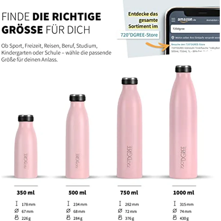 720°DGREE Trinkflasche Edelstahl Doppelwandig 750ml Isolierflasche milkyBottle rosa matt – Bild 3