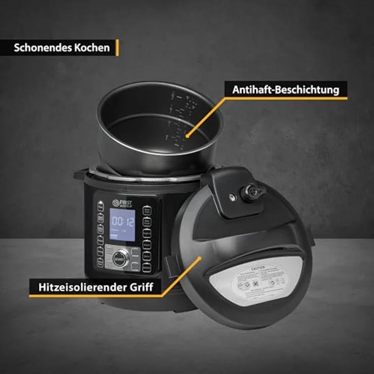 TZS FIRST AUSTRIA Multikocher Druckkochtopf 6L, 12 Programme, Schnellkochtopf, Dampfgarer, 1000 W, Grau-Schwarz – Bild 4