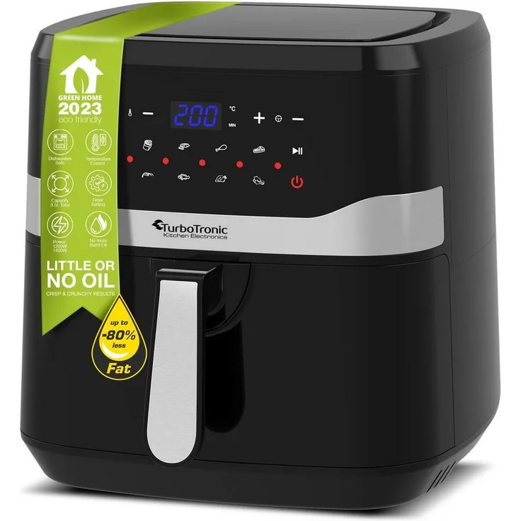 TurboTronic by Z-Line Heißluftfritteuse 7 Liter, 12 Programme, XXL Fritteuse Fettfrei ohne Öl, 50°C - 200°C, 1800 W, Power Camping Retro digital Airfryer AF7D in Schwarz