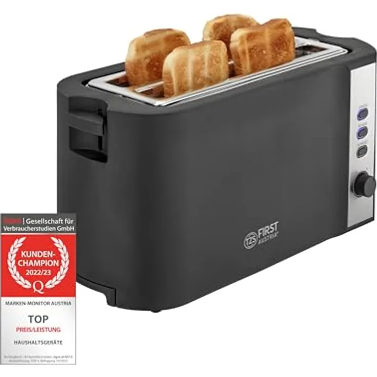 TZS First Austria Toaster | 4 Scheiben Langschlitz | 6 Bräunungsstufen | Auftau- und Aufwärmfunktion | Brötchenwärmer | Krümelschale