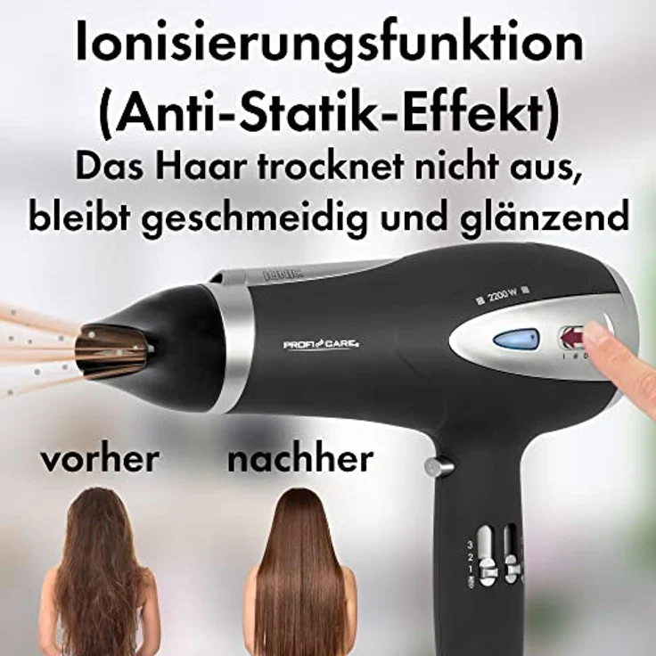 ProfiCare® Haartrockner mit Ionisierungsfunktion 2200W | extra leichter Reiseföhn 3 Leistungsstufen und 2 Gebläsestufen | Haarföhn inkl. Cool-Shot | Föhn mit Diffusor & Formdüse | PC HTD 3113 schwarz – Bild 4