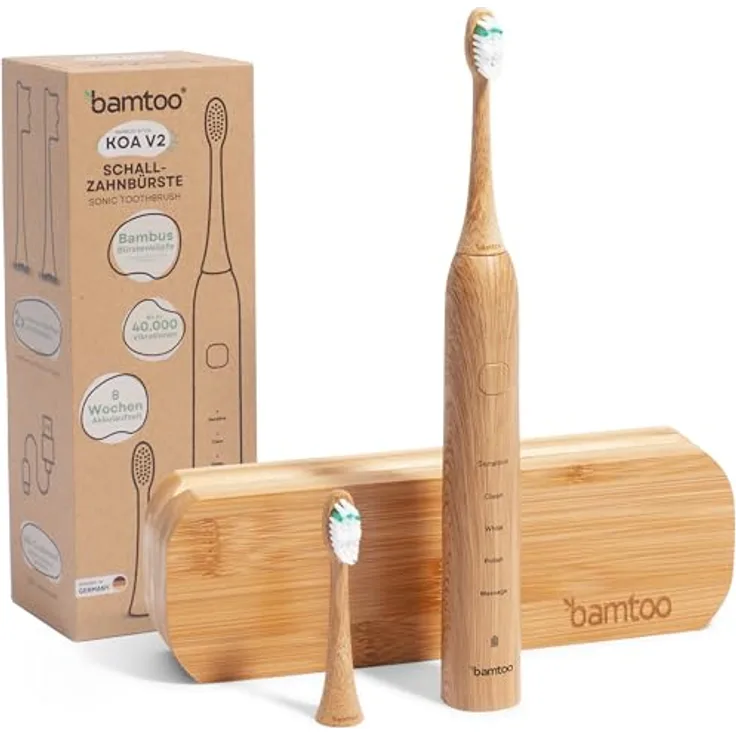 bamtoo® Elektrische Schallzahnbürste KOA V2, inkl. Reiseetui | Nachhaltige Zahnbürste für erstklassige Reinigung | Inkl. 2 Bambus Bürstenköpfe | 8 Wochen Akkulaufzeit