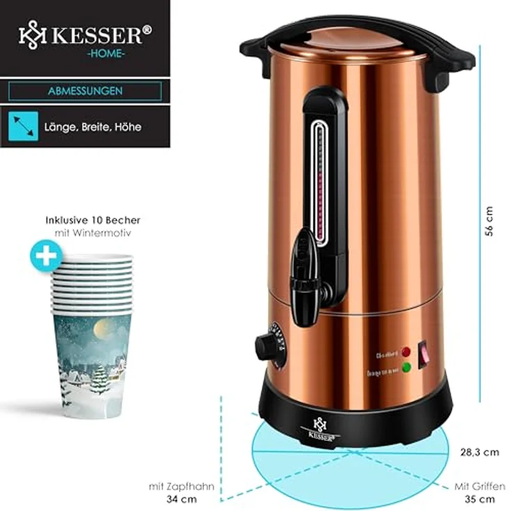 KESSER Glühweinautomat 20L, Edelstahl Einkochautomat mit 1800 W, Thermostat 30-100°C, Auto-Erhitzen & Warmhalten, inklusive 10 Bechern mit Wintermotiv – Bild 7