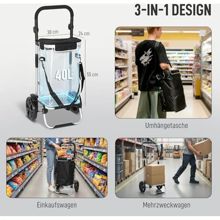 HOMCOM 3-in-1 Einkaufstrolley, klappbar mit 40L Kapazität, bis 25kg belastbar, mit Kühlfach, Treppensteiger, schwarz – Bild 4