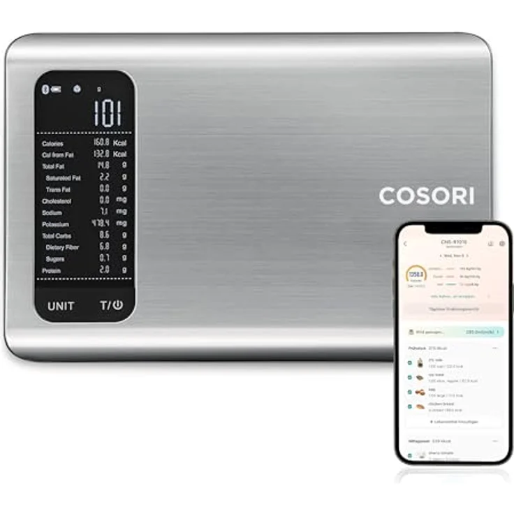 COSORI Küchenwaage digital mit Nährwertberechnung, 19 Nährstoffe verfolgt, 5kg Edelstahl-Lebensmittelwaage in Schwarz - Ideal für Gewichtsverlust und gesunde Ernährung – Bild 1