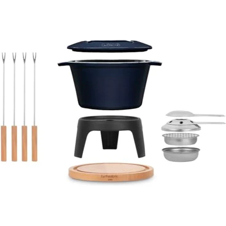 La Fonderie 1890 Fondue-Set Mont d'Arbois, Gusseisen für 4 Personen, 1,2 L, spritzfester Deckel, 4 Gabeln mit Buchenholzgriffen – Bild 4