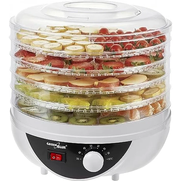 Green Blue GB195 Dörrautomat 250W mit Temperaturregler 35-70° Extra Leise 5 Siebe 27 cm, Pilz-, Gemüse- und Obsttrockner Temperaturwahl – Bild 1