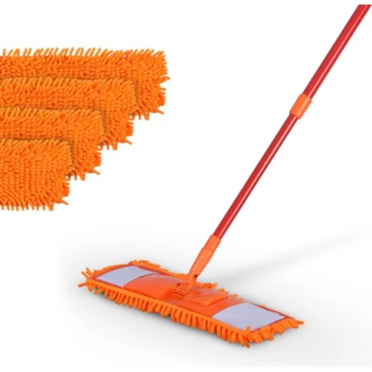 Bodenwischer Set ( Orange ) inkl. 4 Ersatzbezüge - Wischmopp mit Fußklick 360 Grad Gelenk für alle Ecken - Komfort Bodenreiniger Flachmopp Wischmopp