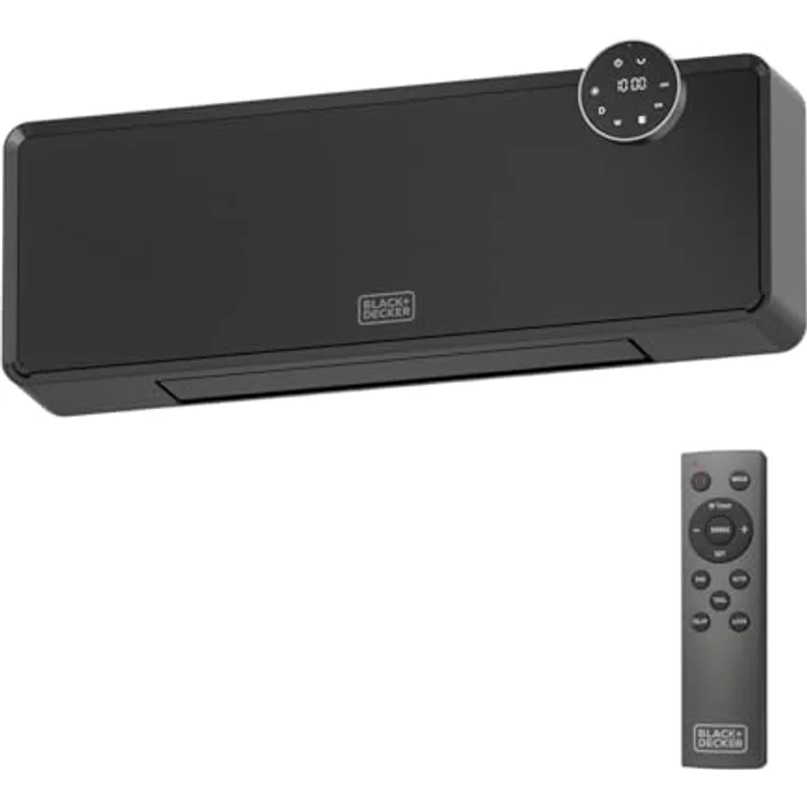 Black+Decker BXWSH2001E, Keramikheizer 2000W mit einstellbarem Thermostat, 24h-Timer, Fernbedienung, LED-Display, PTC-Heizsystem, automatischer Oszillation, Wandhalterung, Schwarz – Bild 1