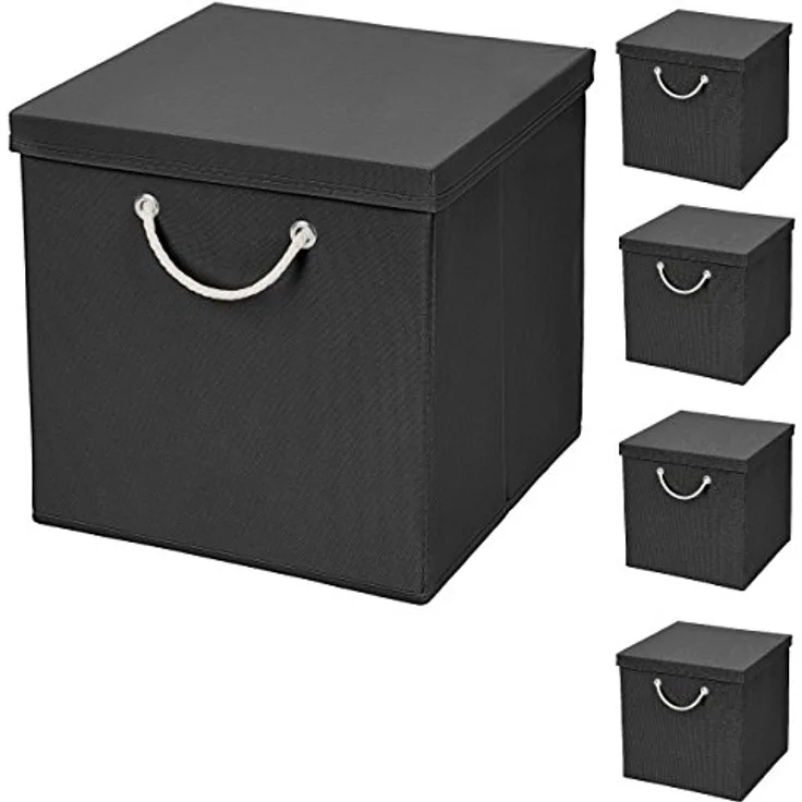 CM3 5 Stück Schwarz Faltbox 30 x 30 x 30 cm Aufbewahrungsbox faltbar mit Kordel und mit Deckel