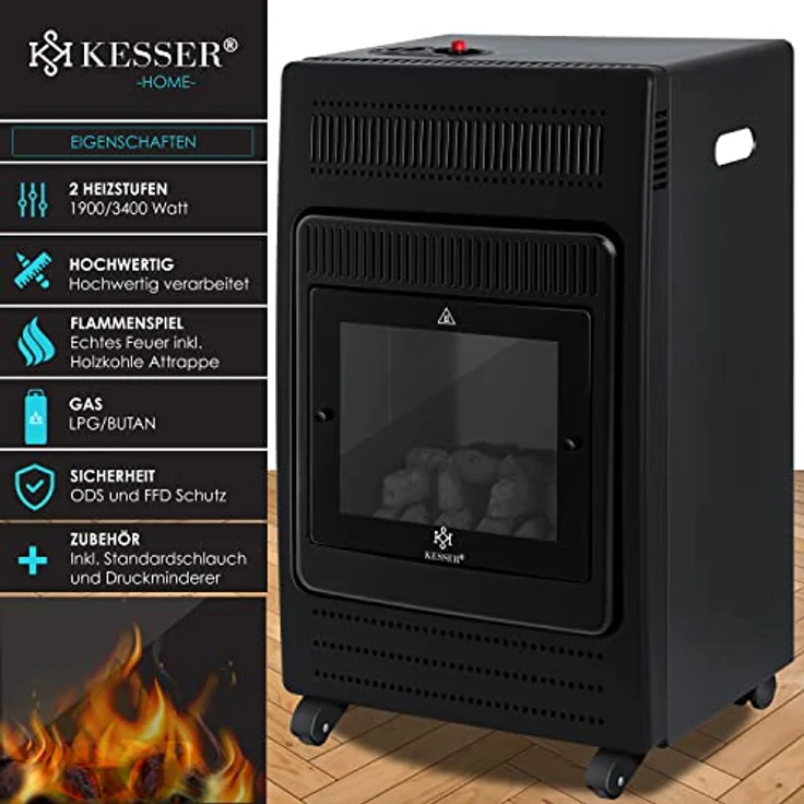 KESSER Gasheizer Gasheizofen Heizstrahler 3,4 kW Gas Kamin inkl. Gasdruckregler & Gasschlauch 2 Heizstufen Infrarot 3400W Gasheizstrahler Gasheizung Butan- oder Propangasflaschen bis 11kg Schwarz Schwarz,  – Bild 2