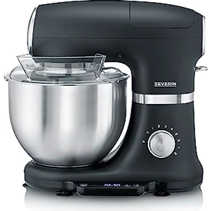 SEVERIN Küchenmaschine mit Waage, große Knetmaschine für bis zu 3 kg Kuchenteig, robuste Teigmaschine mit Knethaken, Flachrührer und Schneebesen, 1.000 W, schwarz, matt/Edelstahl, KM 3898 – Bild 1
