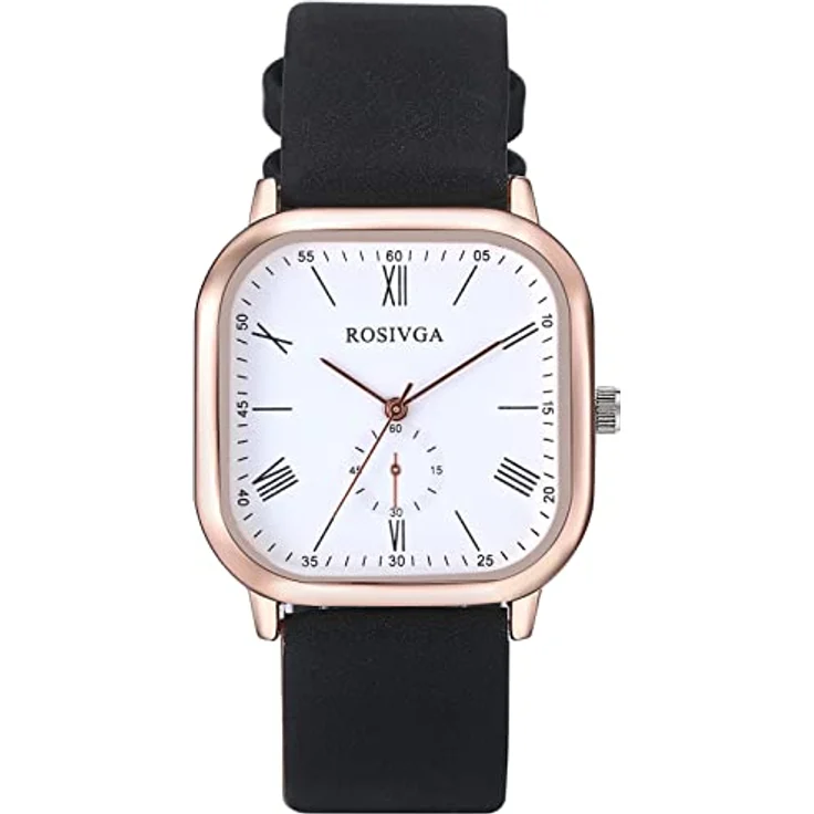 JewelryWe Klassische Analog Armbanduhr, Quarz mit Römischen Ziffern, Leder Armband, quadratisches Zifferblatt, Schwarz/Roségold, 10M wasserdicht – Bild 1