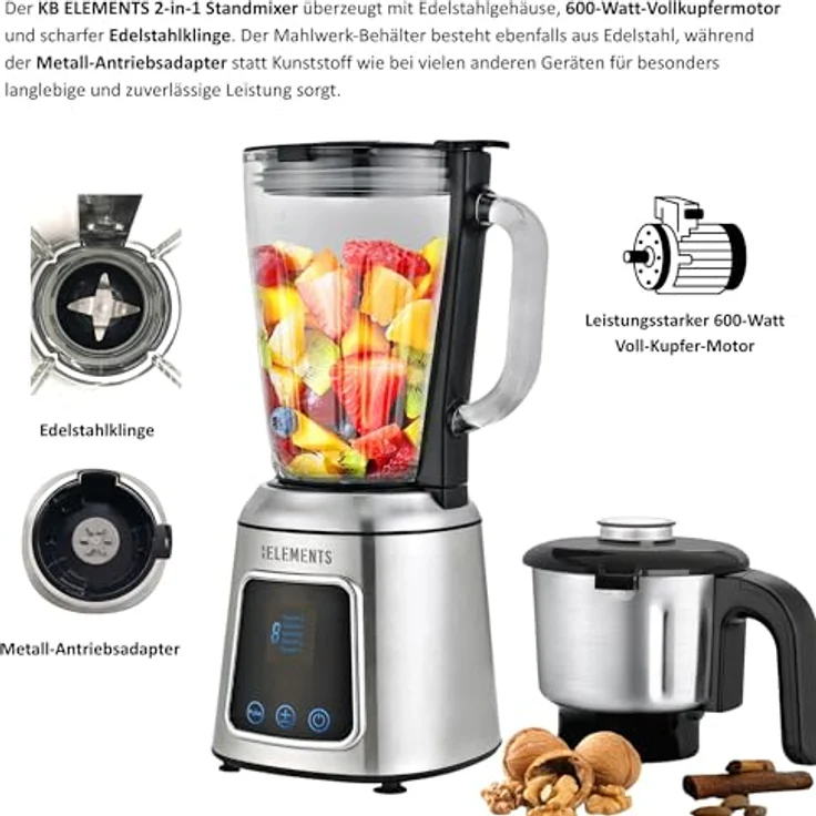 KB Elements Standmixer ELK303G, 600 W Vollkupfer-Motor, 1,5 L Glas-Mixer, Full-Touch-Display mit 5 Geschwindigkeiten, Edelstahlgehäuse – Bild 3