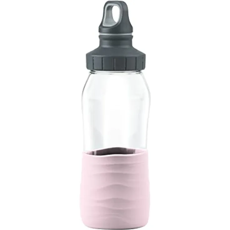 Emsa N31012 Drink2Go Glas Trinkflasche | Fassungsvermögen: 0,5 Liter | Schraubverschluss | 100% dicht/hygienisch/rein | Silikonmanschette | Puder Rosa