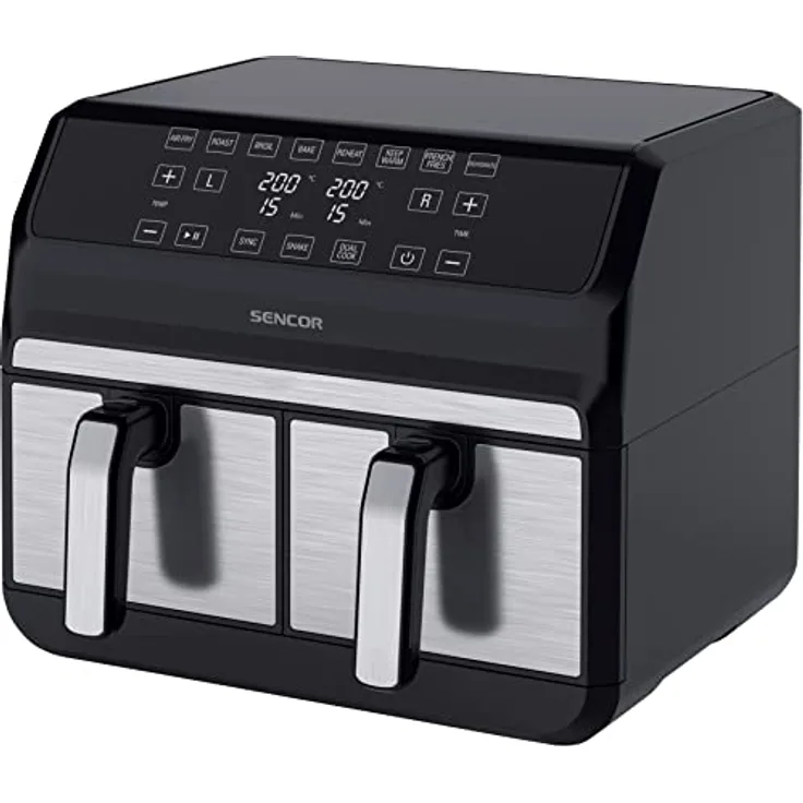 Sencor Luftfritteuse Air Fryer Doppelfach, 8 l Kapazität, 1700 W, berührbare Steuerung, bereitet in 3 Minuten, Silber