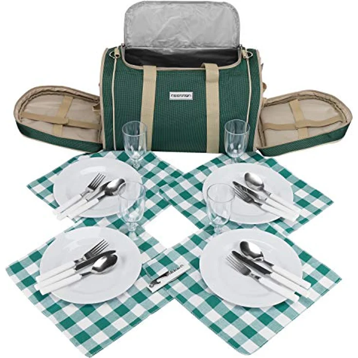 Anndora Picknick Kühltasche Decke Geschirr Besteck 4 Personen dunkelgrün beige – Bild 8
