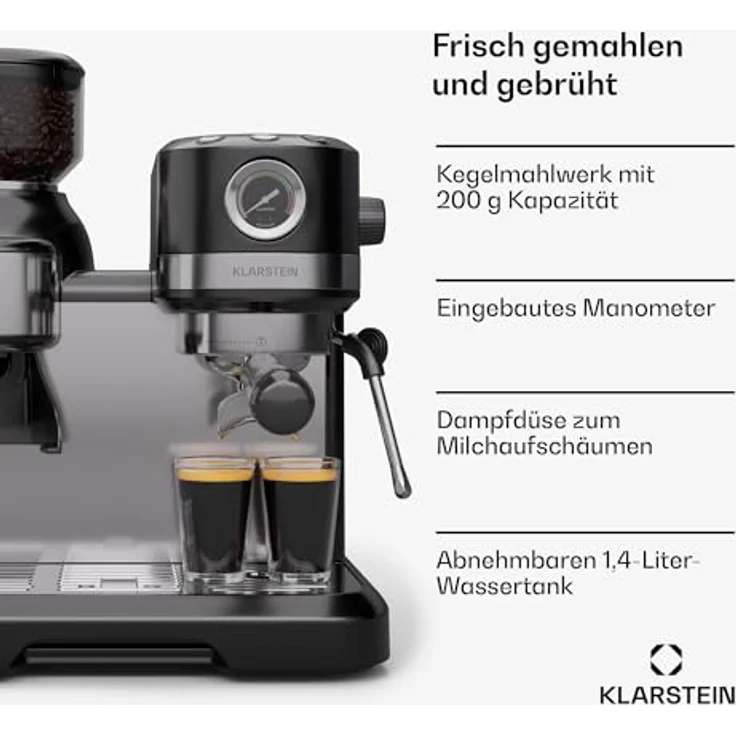 Klarstein Bella Café Siebträgermaschine Mit Mahlwerk – Integriertes Kegelmahlwerk, 19 Bar, Milchaufschäumer, Thermo-Block, Schwarz – Bild 2