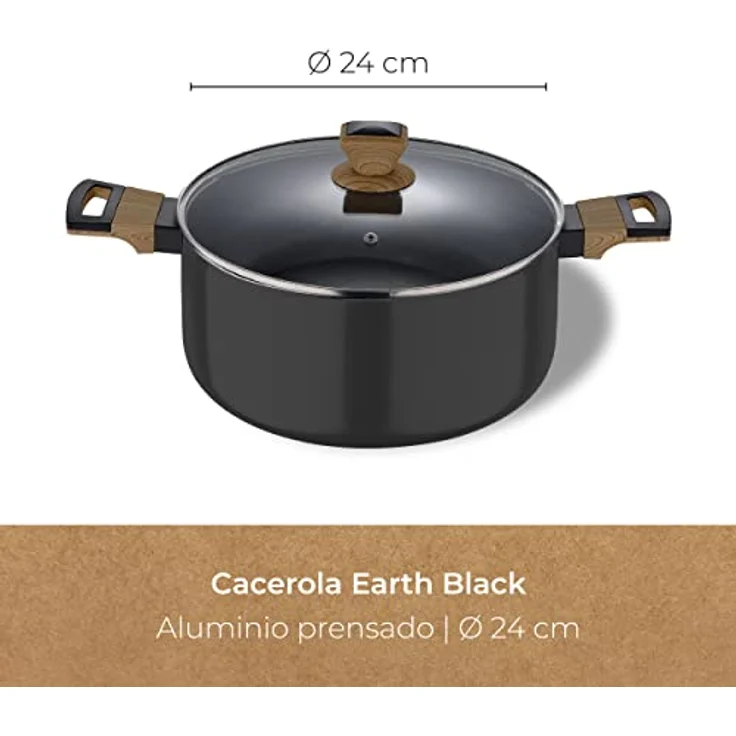 BERGNER Earth | Küchentopf 24 cm mit Deckel | Farbe Schwarz | Aus gepresstem Aluminium mit ergonomischen Holzgriffen | Küchenhelfer | kompatibel mit allen Küchenarten – Bild 2