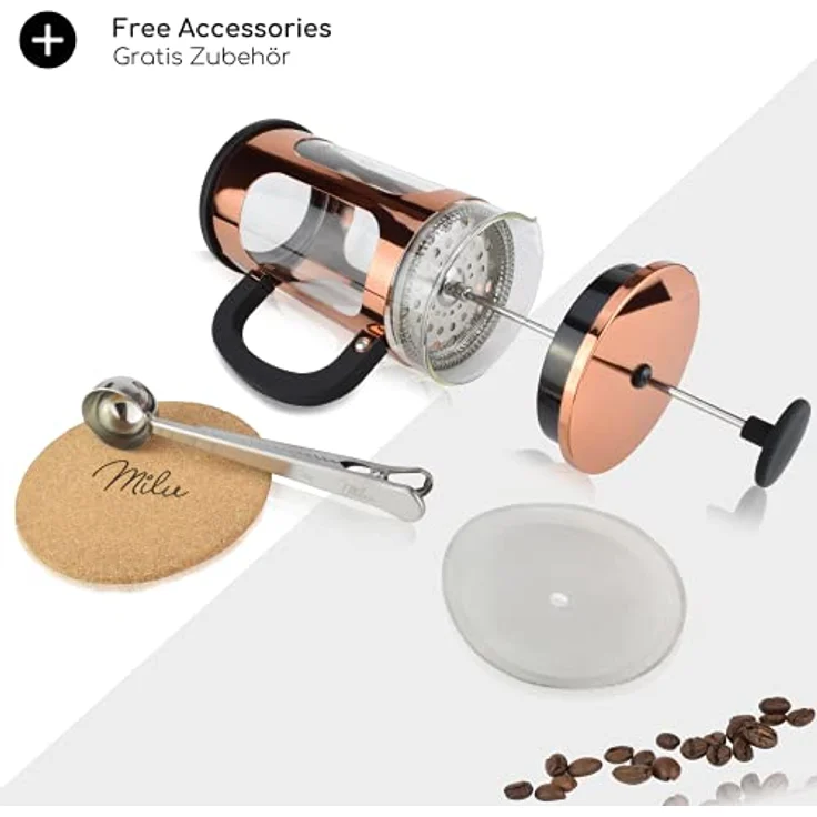 Milu French Press Kaffeebereiter | 350ml, 600ml, 1L | Glas Kaffeepresse, Kaffeezubereiter für Zuhause Reisen Camping inkl. Untersetzer, Löffel, Ersatzfilter (Rose, 1000ml (5 Tassen) – Bild 2