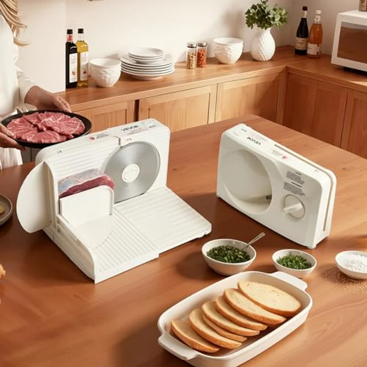 VEVOR Allesschneider SL-5803D23B3, elektrische Aufschnittmaschine mit 180 W, 17 cm Klinge, 0–15 mm einstellbare Dicke, beige, für gefrorenes Fleisch und Schinken – Bild 8